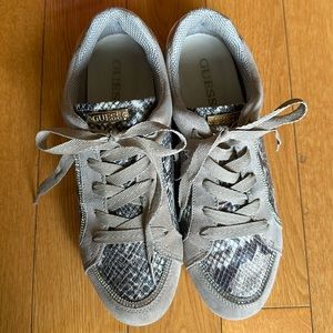 Guess taupe multi suede sneakers.